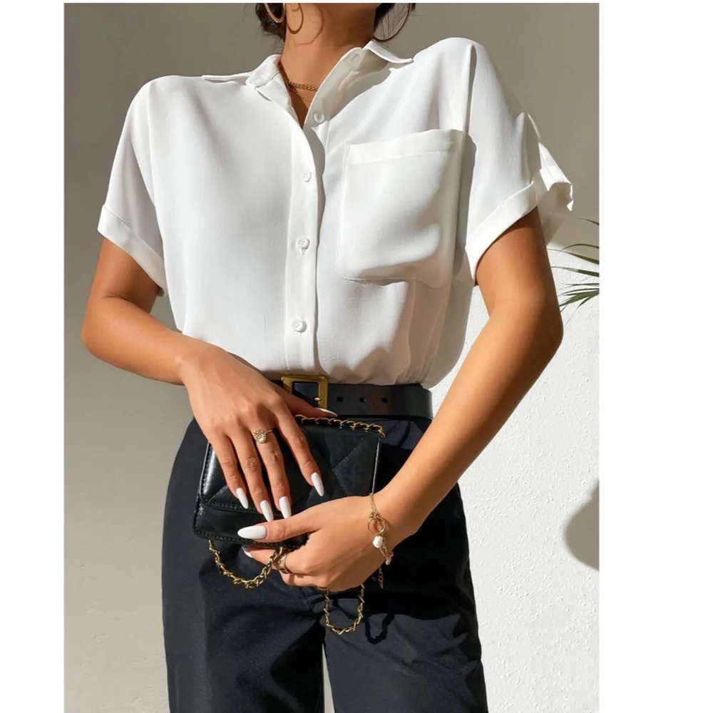 White Casual Button Up / Down Shirt Collar V-Neck Button Front Short Sleeve - Picture 13 of 17